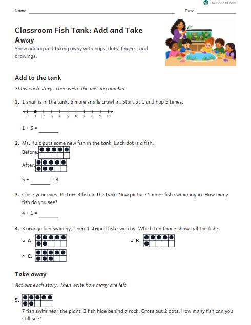 Classroom Fish Tank: Add and Take Away worksheet preview