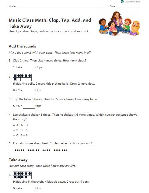 Music Class Math: Clap, Tap, Add, and Take Away worksheet preview