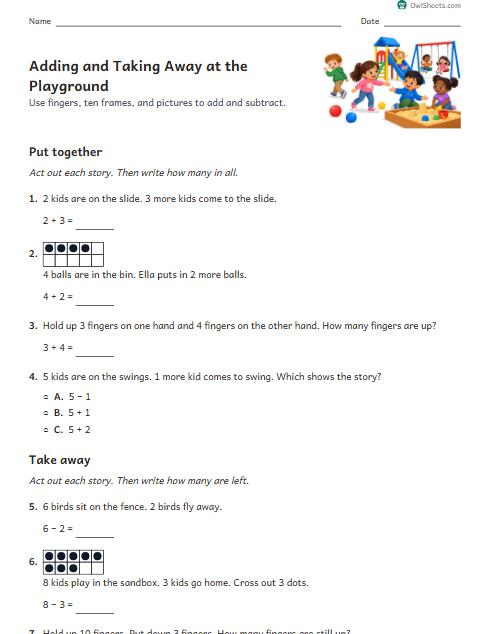 Adding and Taking Away at the Playground worksheet preview