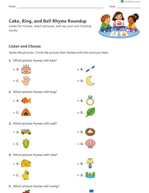 Cake, Ring, and Bell Rhyme Roundup worksheet preview