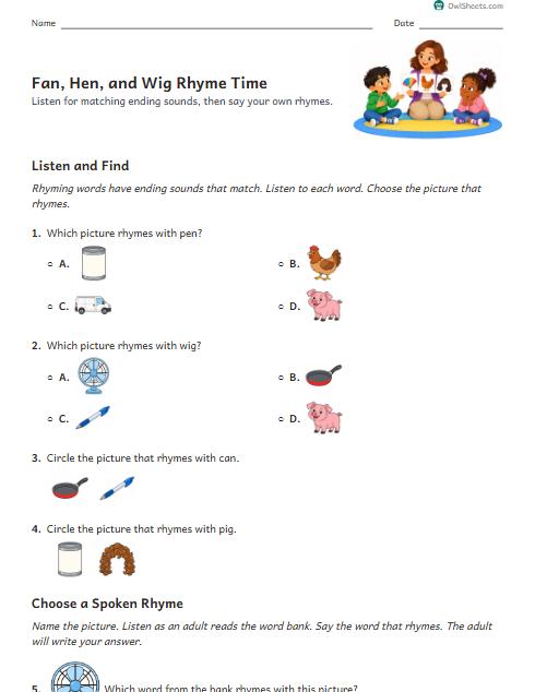 Fan, Hen, and Wig Rhyme Time worksheet preview