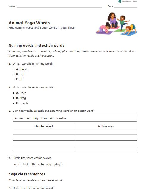 Animal Yoga Words worksheet preview