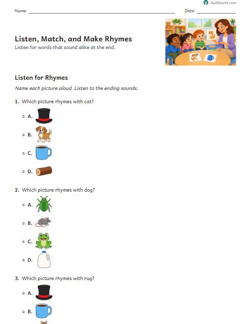 Listen, Match, and Make Rhymes worksheet preview
