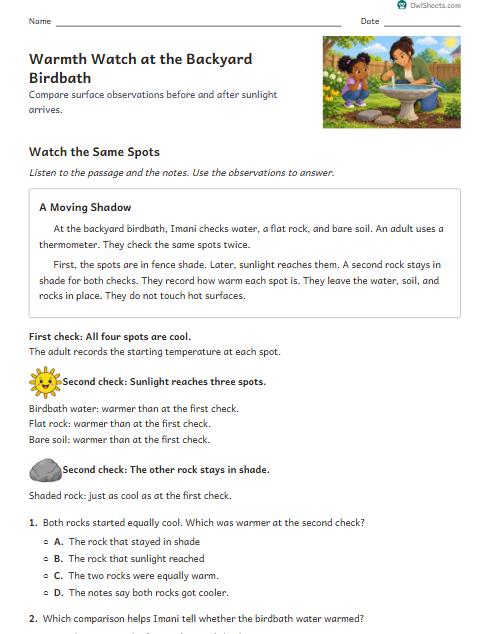 Warmth Watch at the Backyard Birdbath worksheet preview