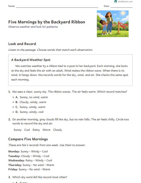 Five Mornings by the Backyard Ribbon worksheet preview