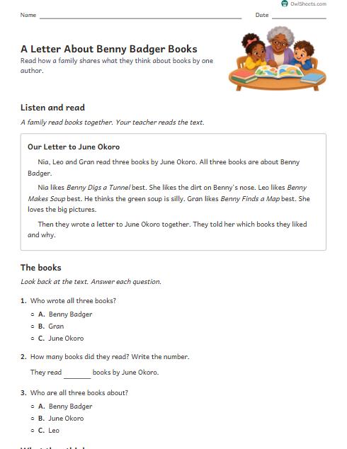 A Letter About Benny Badger Books worksheet preview