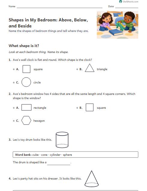 Shapes in My Bedroom: Above, Below, and Beside worksheet preview