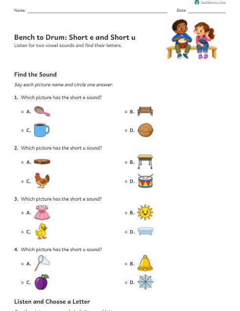 Bench to Drum: Short e and Short u worksheet preview