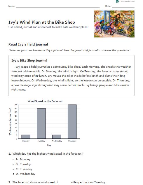 Ivy's Wind Plan at the Bike Shop worksheet preview