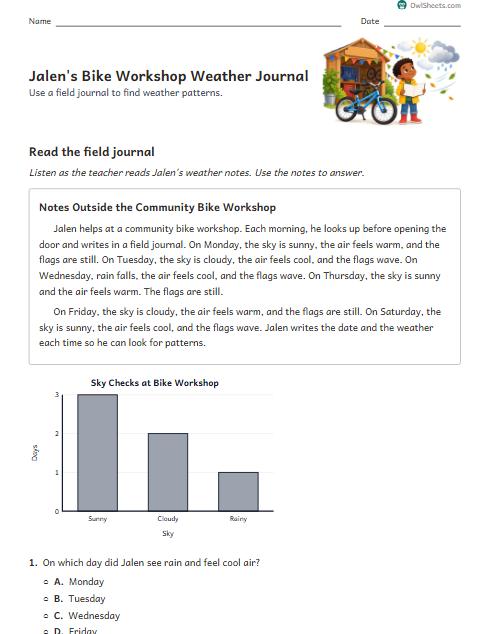 Jalen's Bike Workshop Weather Journal worksheet preview