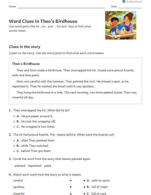 Word Clues in Theo's Birdhouse worksheet preview