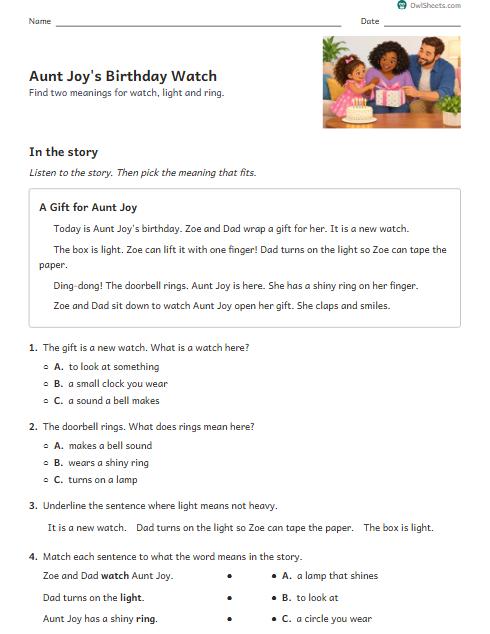 Aunt Joy's Birthday Watch worksheet preview