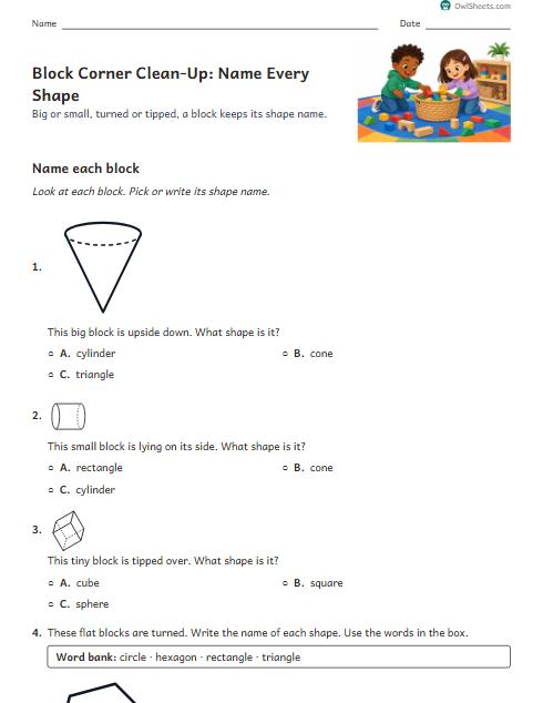 Block Corner Clean-Up: Name Every Shape worksheet preview