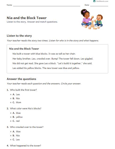 Nia and the Block Tower worksheet preview