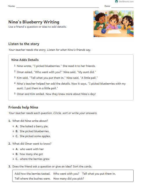 Nina's Blueberry Writing worksheet preview