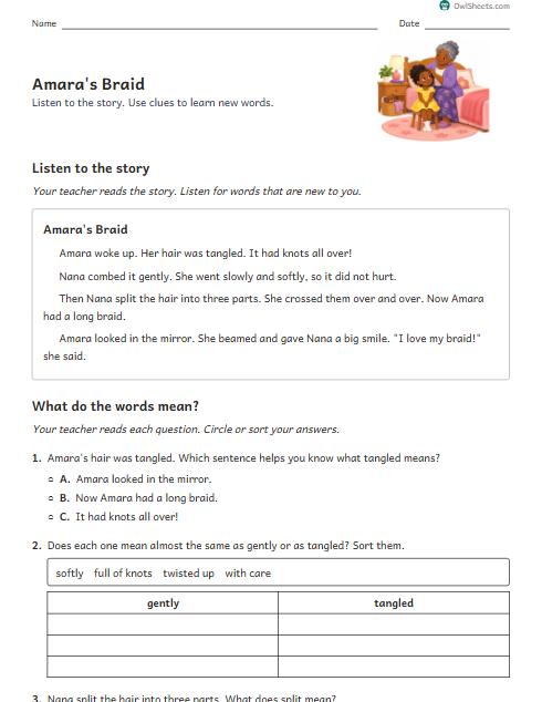 Amara's Braid worksheet preview