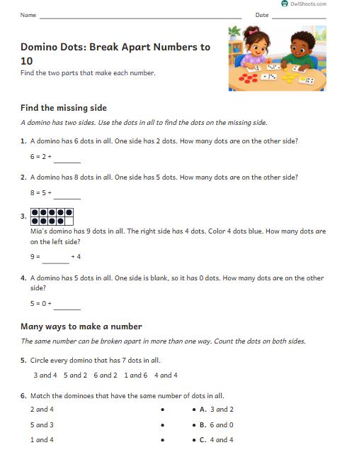 Domino Dots: Break Apart Numbers to 10 worksheet preview