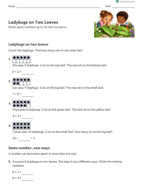 Ladybugs on Two Leaves worksheet preview