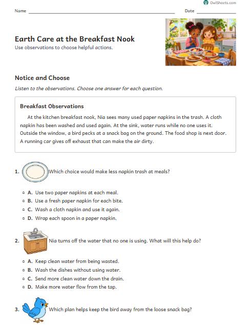 Earth Care at the Breakfast Nook worksheet preview