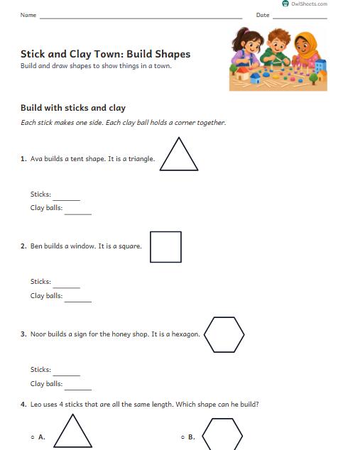 Stick and Clay Town: Build Shapes worksheet preview