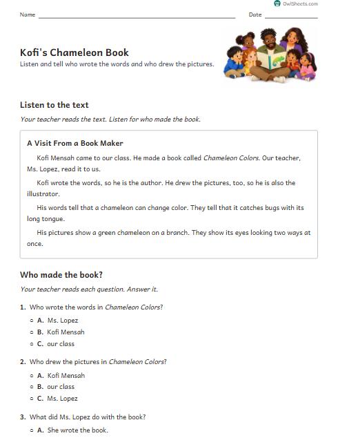 Kofi's Chameleon Book worksheet preview
