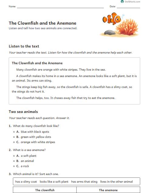 The Clownfish and the Anemone worksheet preview
