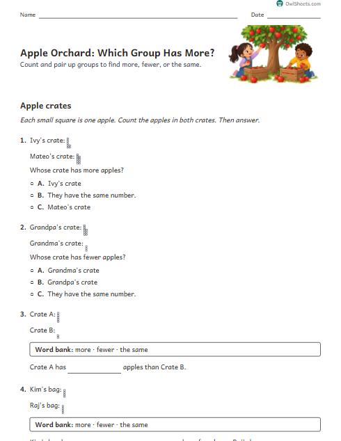 Apple Orchard: Which Group Has More? worksheet preview