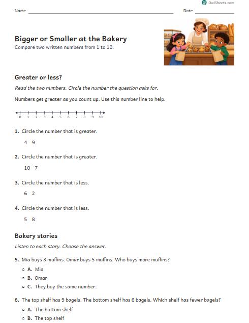 Bigger or Smaller at the Bakery worksheet preview