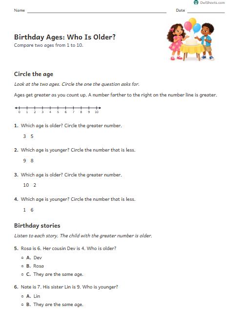 Birthday Ages: Who Is Older? worksheet preview