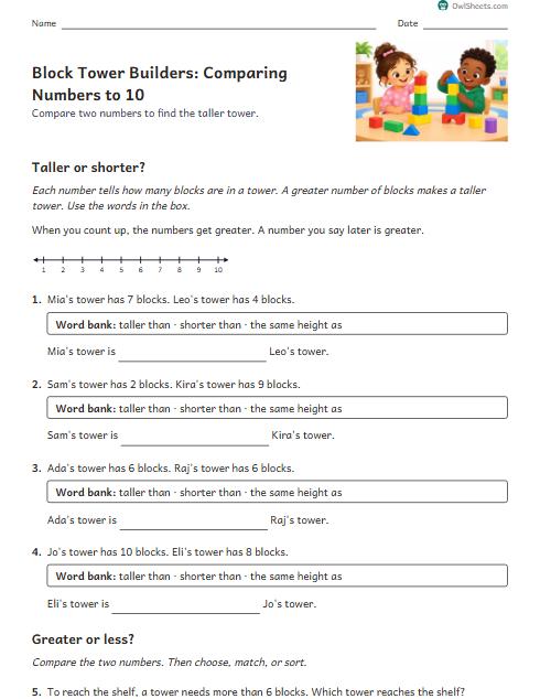 Block Tower Builders: Comparing Numbers to 10 worksheet preview