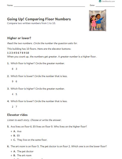 Going Up! Comparing Floor Numbers worksheet preview