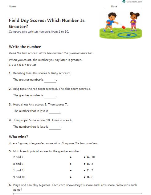 Field Day Scores: Which Number Is Greater? worksheet preview