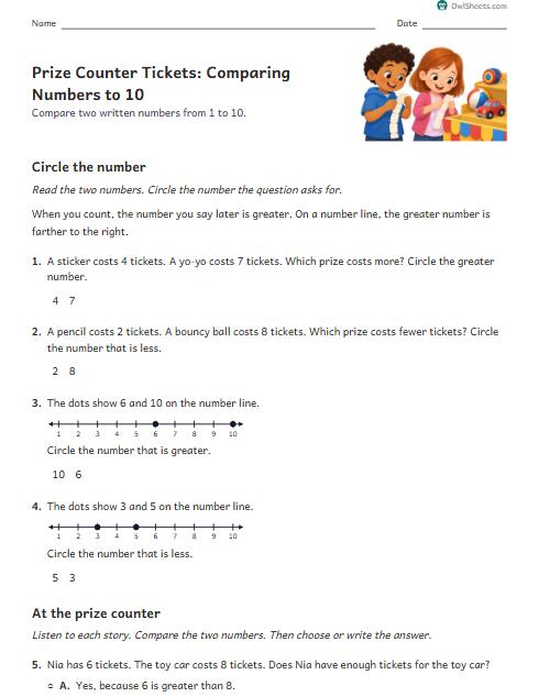 Prize Counter Tickets: Comparing Numbers to 10 worksheet preview