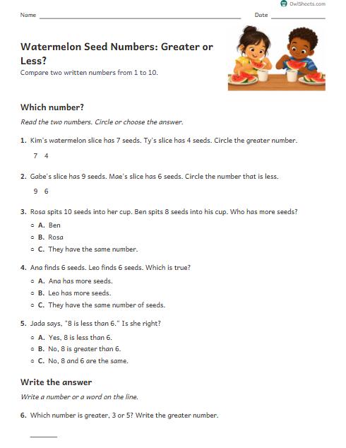 Watermelon Seed Numbers: Greater or Less? worksheet preview