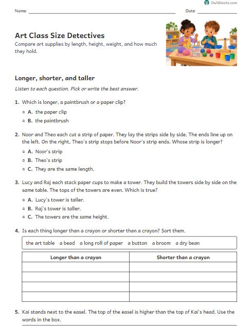 Art Class Size Detectives worksheet preview