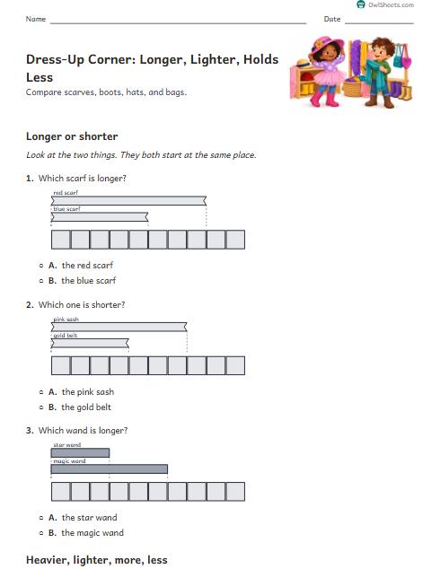 Dress-Up Corner: Longer, Lighter, Holds Less worksheet preview