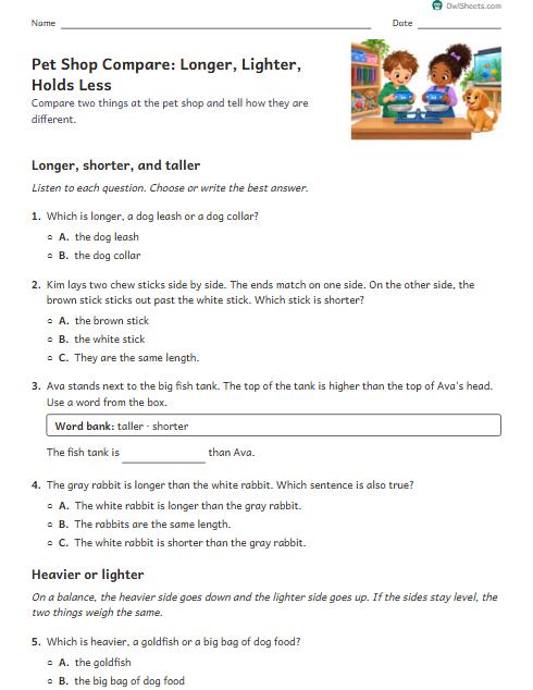 Pet Shop Compare: Longer, Lighter, Holds Less worksheet preview