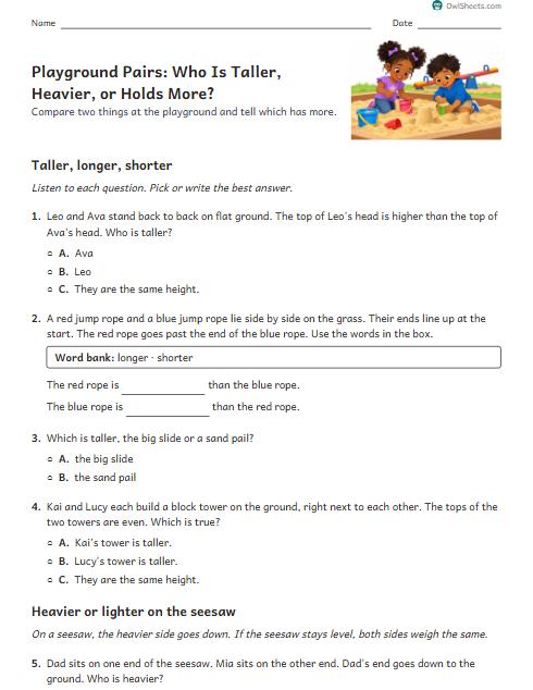 Playground Pairs: Who Is Taller, Heavier, or Holds More? worksheet preview