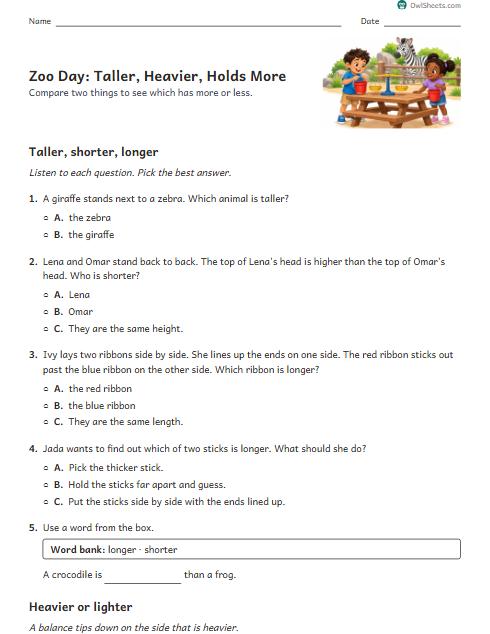 Zoo Day: Taller, Heavier, Holds More worksheet preview