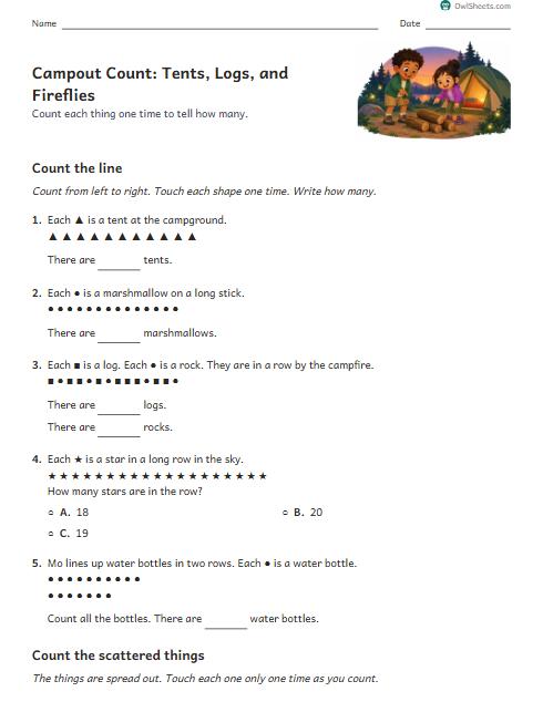 Campout Count: Tents, Logs, and Fireflies worksheet preview