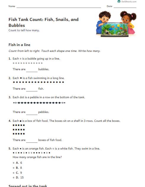 Fish Tank Count: Fish, Snails, and Bubbles worksheet preview