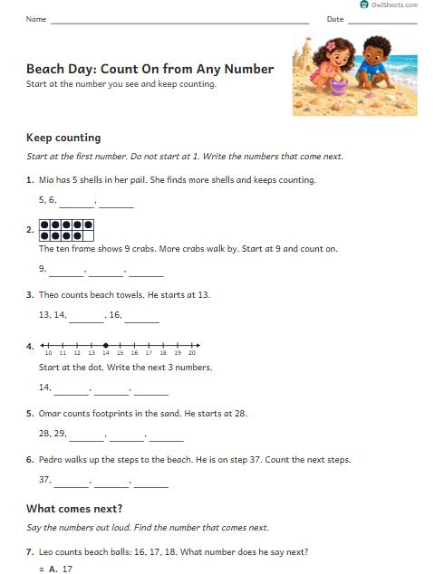 Beach Day: Count On from Any Number worksheet preview
