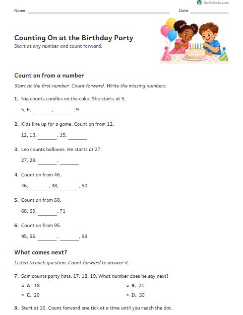 Counting On at the Birthday Party worksheet preview