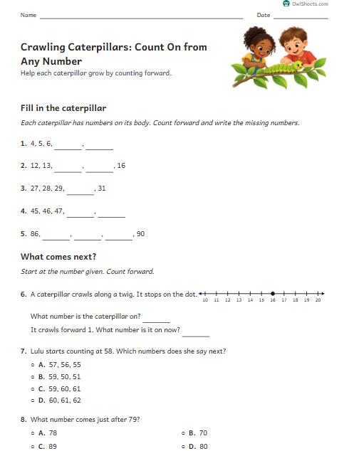 Crawling Caterpillars: Count On from Any Number worksheet preview