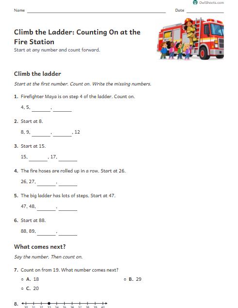 Climb the Ladder: Counting On at the Fire Station worksheet preview