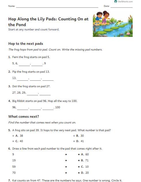 Hop Along the Lily Pads: Counting On at the Pond worksheet preview