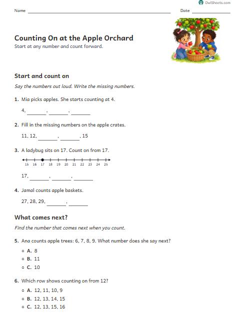 Counting On at the Apple Orchard worksheet preview