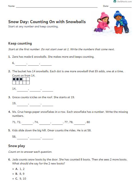 Snow Day: Counting On with Snowballs worksheet preview