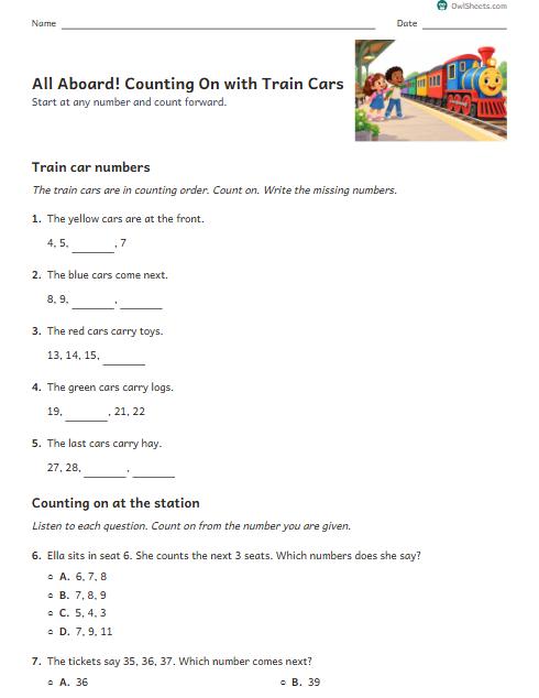 All Aboard! Counting On with Train Cars worksheet preview