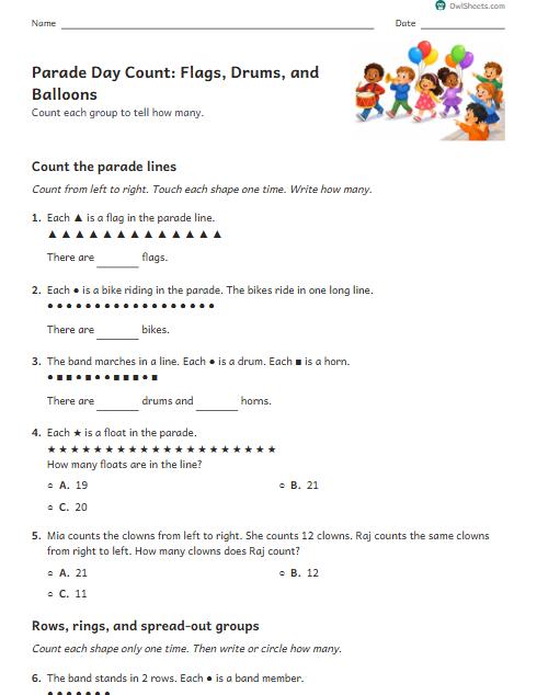 Parade Day Count: Flags, Drums, and Balloons worksheet preview